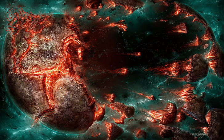 Explosive World, brown and red asteroid illustration, abstract