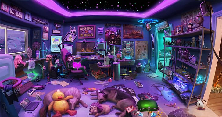room, dog, toys, futuristic, portal, ceiling, space, figures, HD wallpaper
