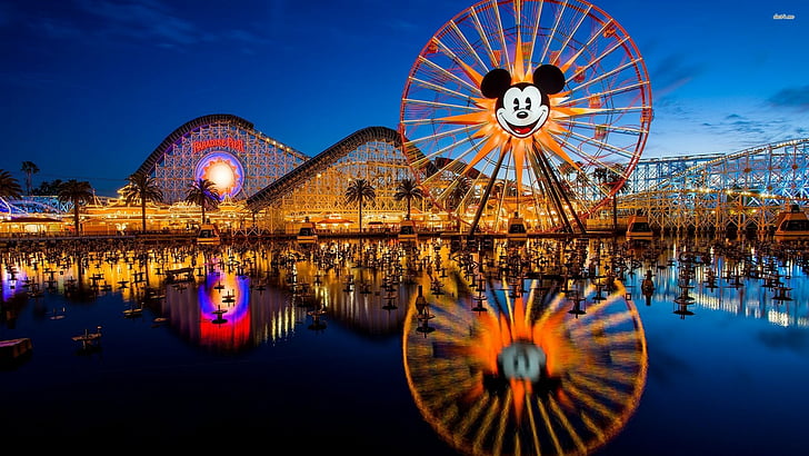 Disney, Disneyland, illuminated, ferris wheel, reflection, amusement park ride