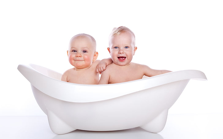 Kids Bath, baby's white bathtub, cute, bathing, two, childhood