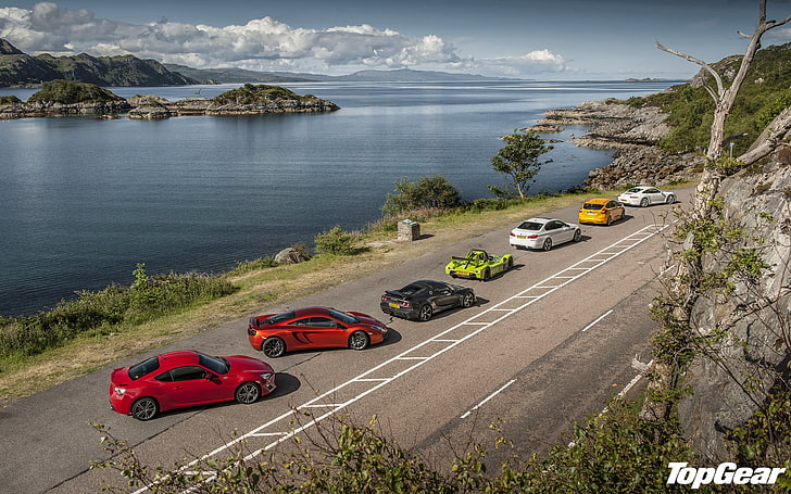 assorted-color vehicle lot, road, the sky, water, coast, McLaren