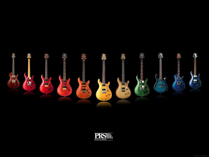 assorted-color electric guitars, in a row, bottle, indoors, large group of objects, HD wallpaper