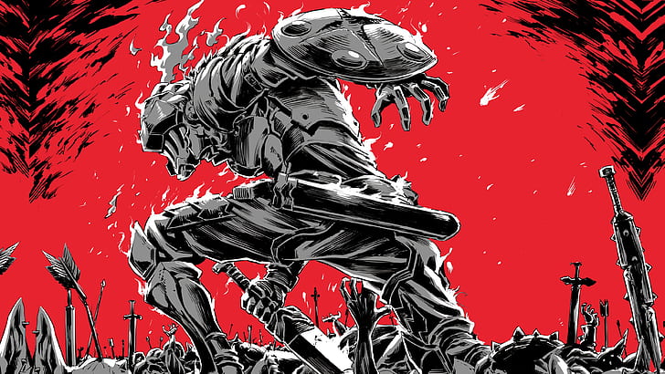 Goblin Slayer, anime, red background, armor