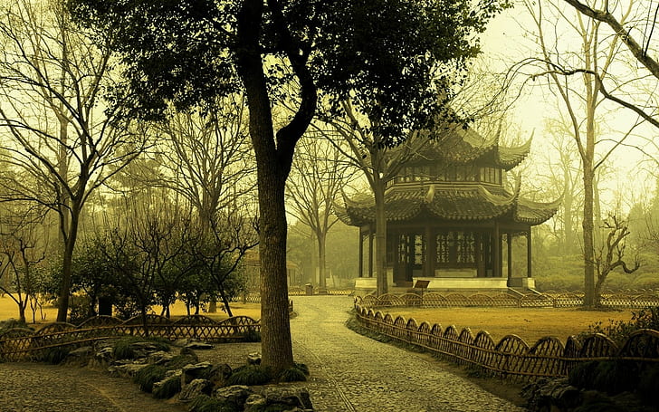 Asian, trees, building, stones, cityscape, mist, branch, shrine, HD wallpaper
