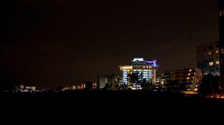 buildings lighted up at night, lights, beach, illuminated, architecture