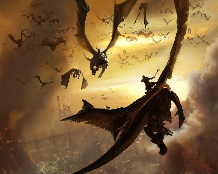 brown dragons digital wallpaper, flying, fantasy art, digital art