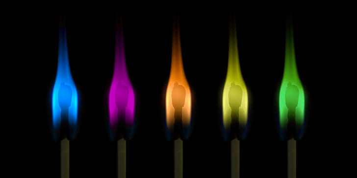 five assorted color matchstick flames with black background, Colorful