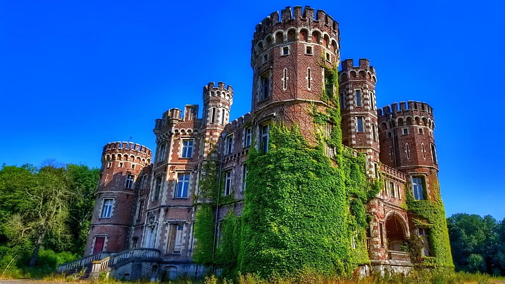 red and black castle, architecture, landscape, nature, trees