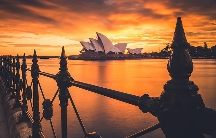 Sydney Opera House, Australia, sunset, clouds, bay, HD wallpaper