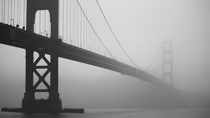 Golden Gate Bridge, mist, sea, monochrome, water, architecture