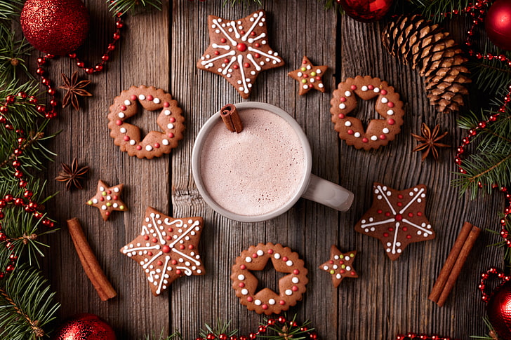 cookies and tea cup, New Year, Christmas, cakes, Xmas, glaze, HD wallpaper