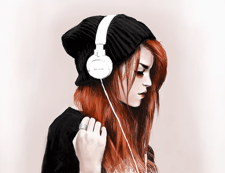woman wearing black knit hat and white Sony corded headphones painting
