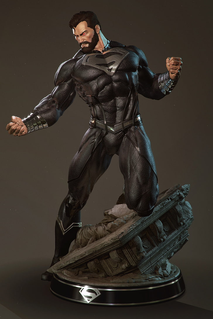 Superman action figure, render, black, uniform, Clark Kent, action figures