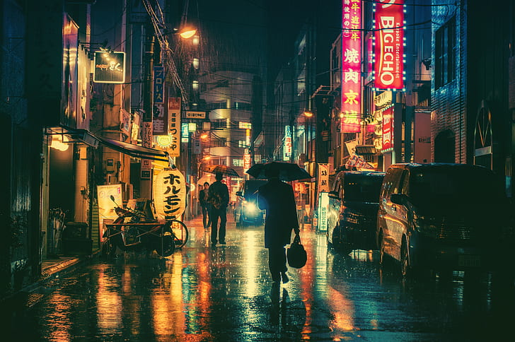 HD wallpaper: people, rain, street, neon, umbrellas, cars, stores, city  center | Wallpaper Flare