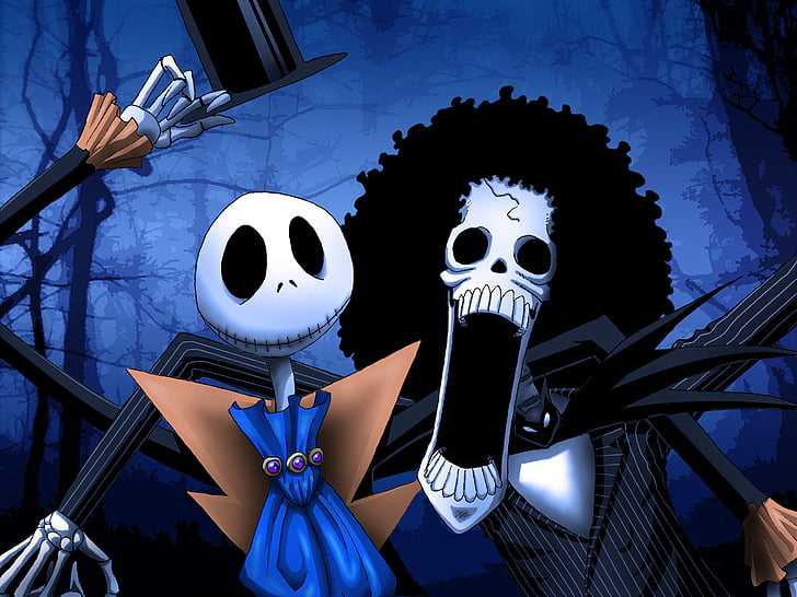 Anime, Crossover, Brook (One Piece), Jack Skellington, The Nightmare Before Christmas, HD wallpaper