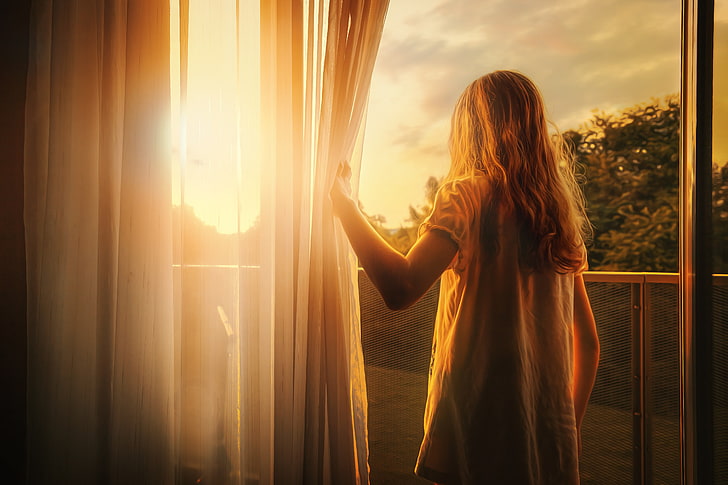 women's gray dress, children, Sun, morning, curtains, one person