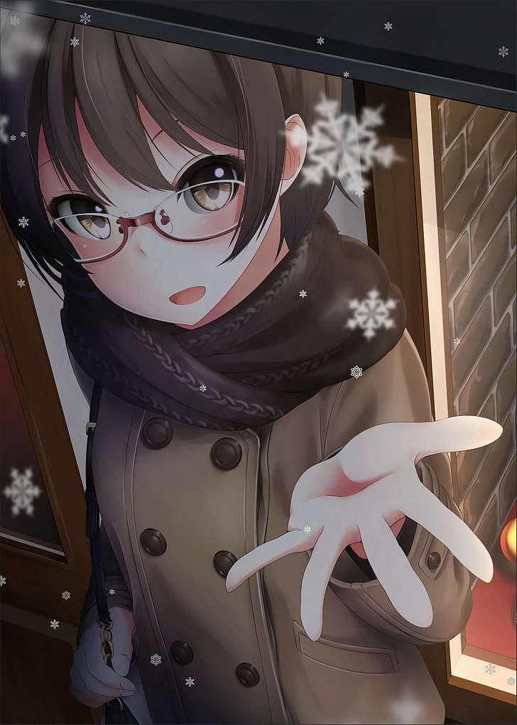 black haired female anime character with red eyeglasses catching snowflake wallpaper, HD wallpaper