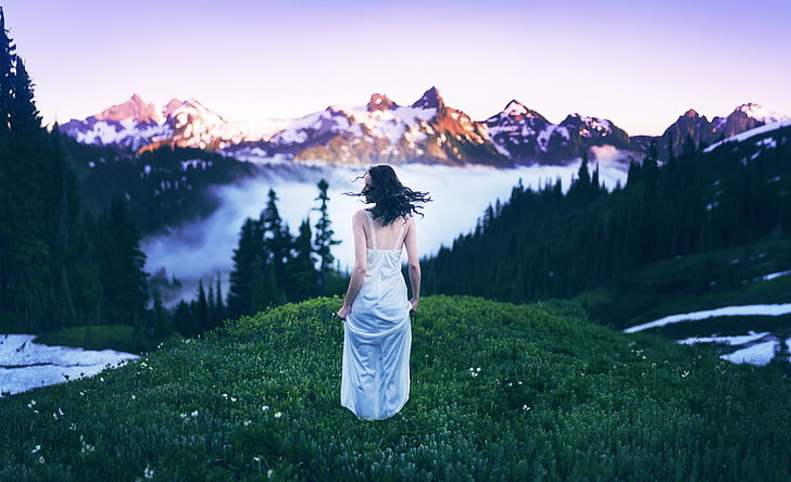 photography, brunette, grass, mountains, trees, women, one person