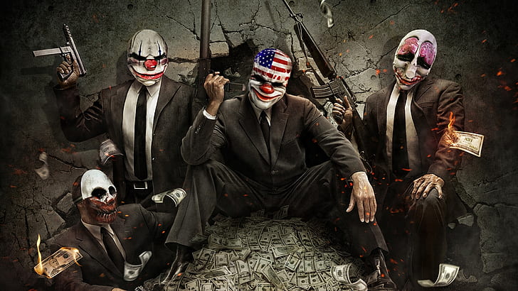 HD wallpaper: money, dollars, mask, machines, clowns, PAYDAY The Heist, the  robbers | Wallpaper Flare