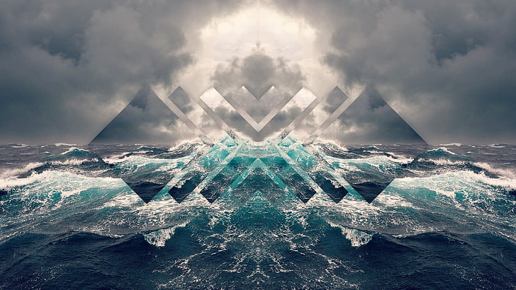 water waves, abstract, mirrored, sea, square, sky, cloud - sky, HD wallpaper