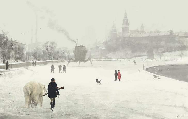 steampunk futuristic snow dystopian polar bears artwork painting winter russia, HD wallpaper