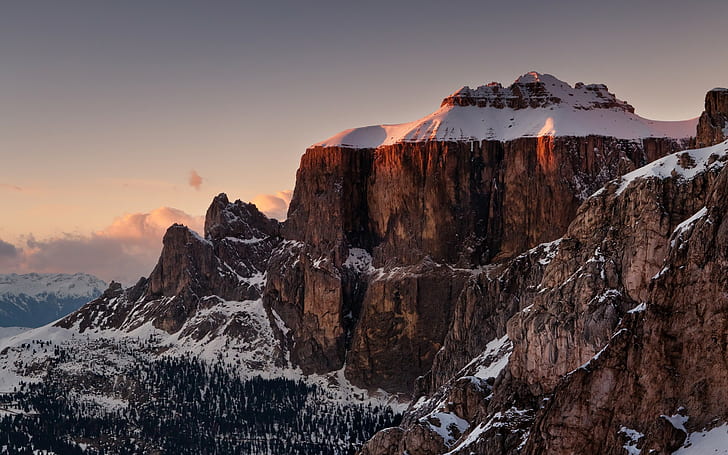 nature, winter, snow, mountains, rock, cliff, evening, HD wallpaper