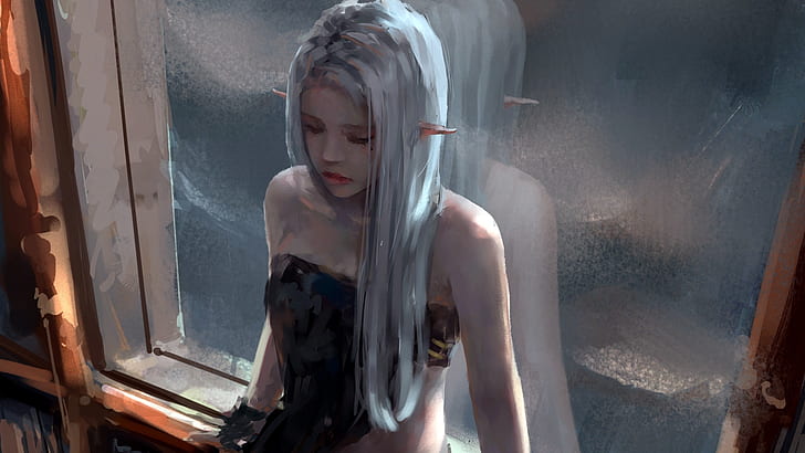 girl, fantasy, long hair, window, painting, elf, reflection, HD wallpaper