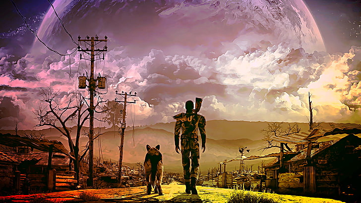 man walking with brown and black dog illustration, Fallout 4