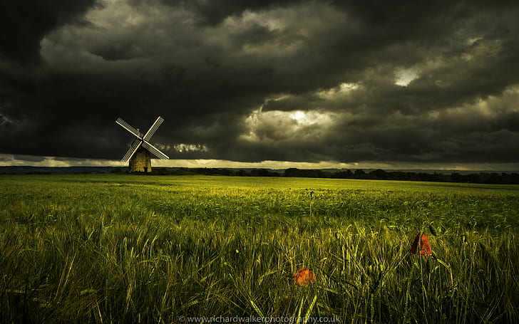 painting of grass fields near brown and gray windmill under a black and gray sky, HD wallpaper