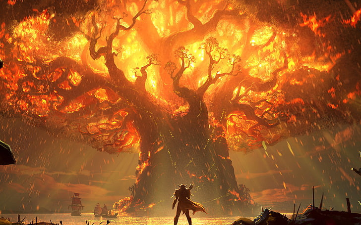 tree, anime, hero, pattern, background, orange color, real people, HD wallpaper