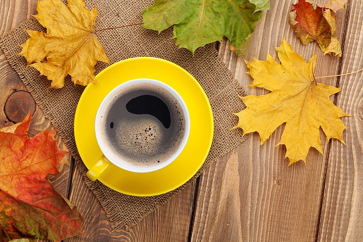 yellow mug with saucer, fall, maple leaves, mugs, coffee, table