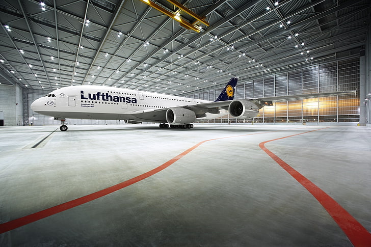 white Lufthansa airliner, The plane, Airport, Hangar, A380, Lighting