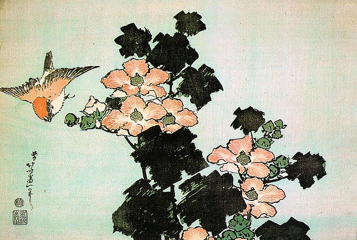 birds, flowers, Hokusai, HD wallpaper