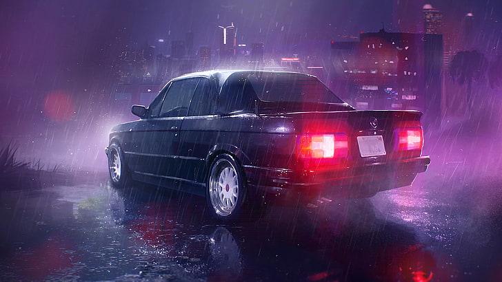 black sedan, digital art, neon, car, BMW E30, rain, motor vehicle, HD wallpaper