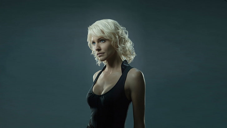 women's black tank top, model, actress, blonde, Battlestar Galactica, HD wallpaper
