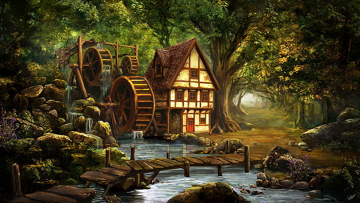 woodland, fantasy art, magical, watermill, illustration, picturesque