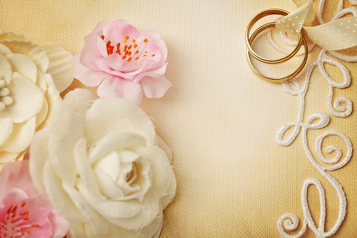 gold-colored wedding rings, flowers, background, soft, lace, rose - Flower