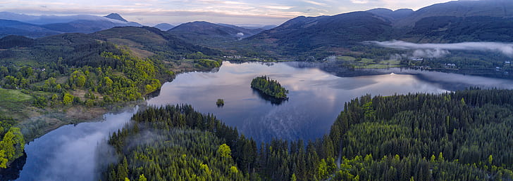 landscape photography of tall trees and body of water with tall mountains, loch ard, loch ard