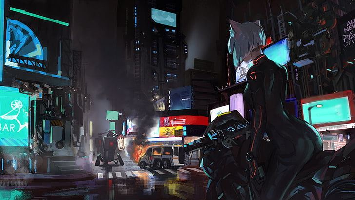 woman riding on motorcycle illustration, short hair, city, cyberpunk, HD wallpaper