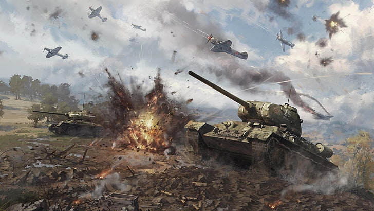 gray battle tank, The sky, Clouds, Trees, Smoke, Fire, Fighter, HD wallpaper