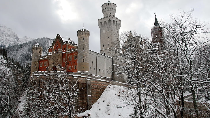 brown and gray castle, architecture, snow, winter, cold temperature, HD wallpaper