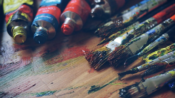 paintbrushes, painting, colorful, warm colors