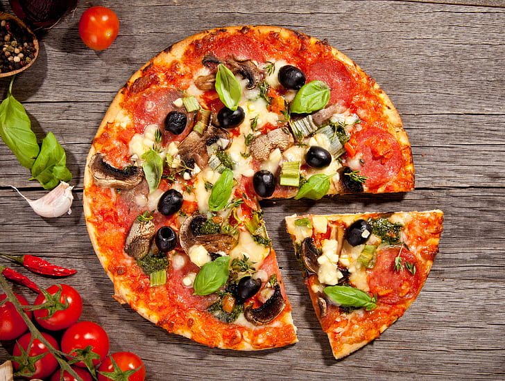 cheese, dish, food, garlic, olives, pizza, salami, slice, spices, HD wallpaper