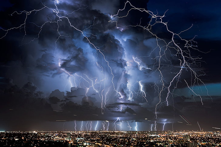 ciudad, electrica, naturaleza, rayos, tormenta, lightning, cloud - sky, HD wallpaper
