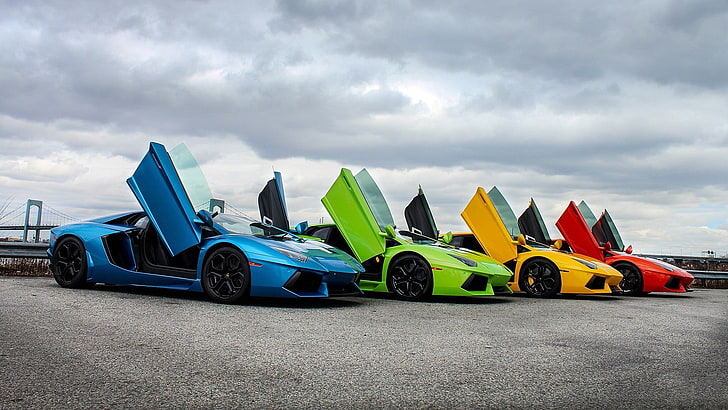 four assorted-color sports cars, Lamborghini, Lamborghini Aventador, HD wallpaper