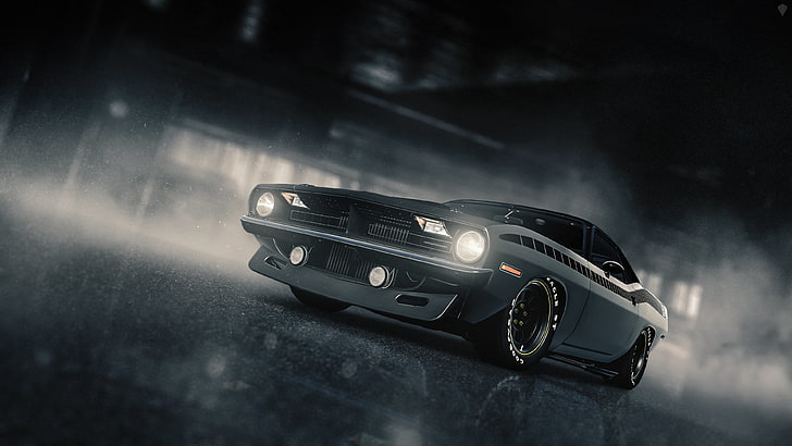 gray and black Dodge Challenger coupe, rain, Plymouth, Plymouth Barracuda, HD wallpaper