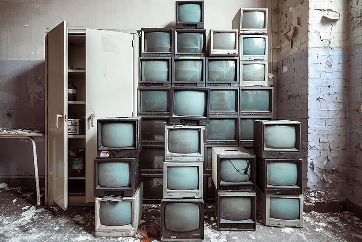 TV, old, technology, no people, television set, stack, arrangement