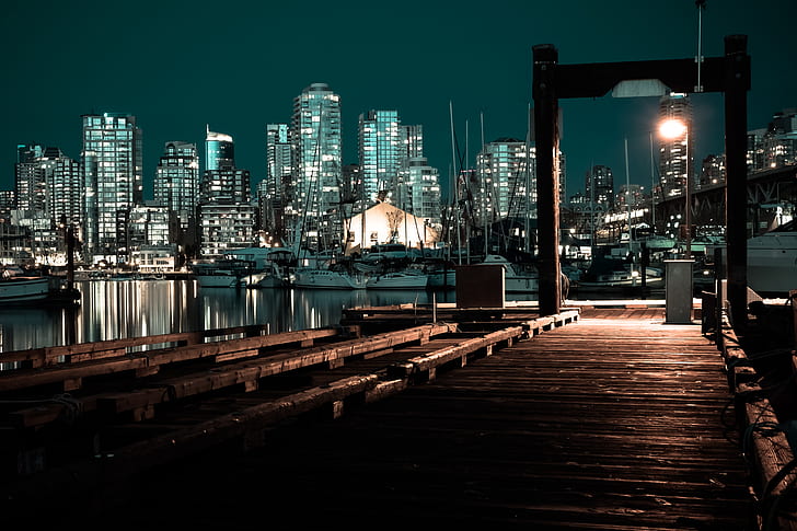 pier, night, cityscape, HD wallpaper