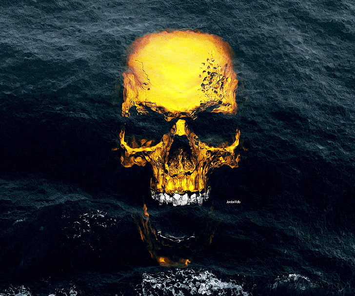 brown skull illustration, Pacific Ocean, gold, yellow, no people