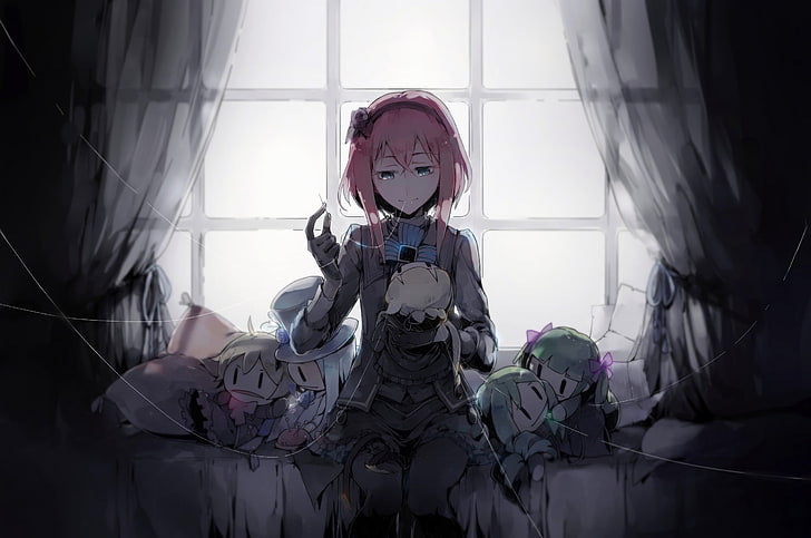 female anime character with pink hair, blue eyes, bow, doll, gloves